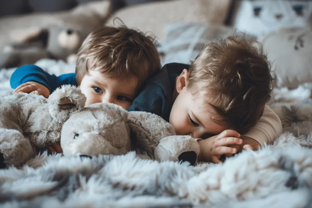 Two young children laying on a bed.